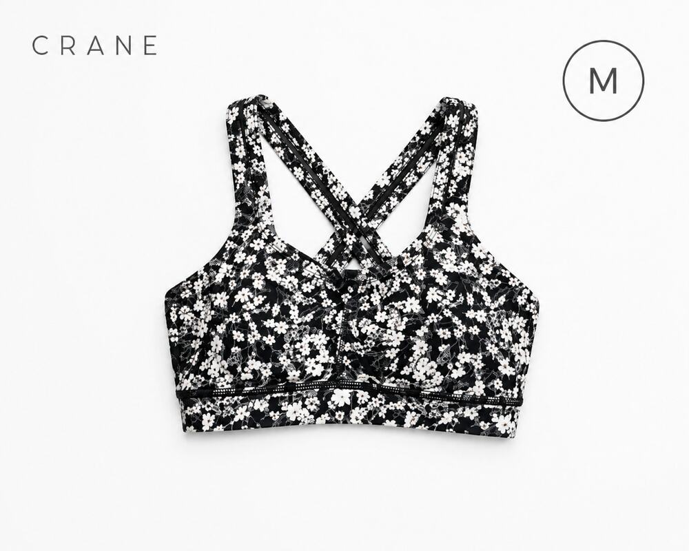 Crane Floral Sports Bra Medium Black White Strappy Racerback Activewear